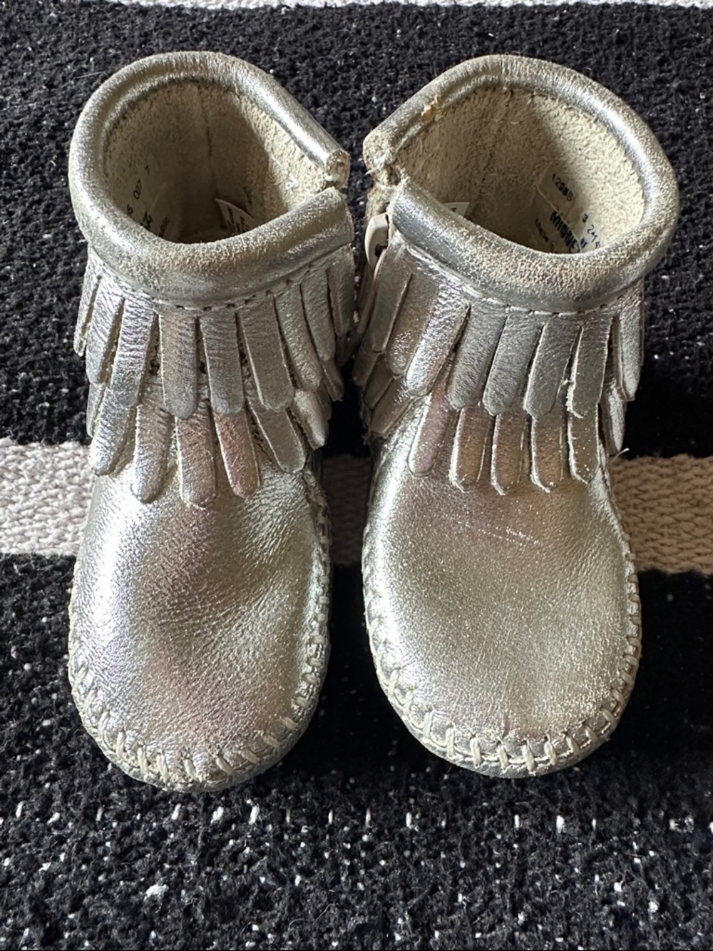 Minnetonka Silver Metallic Fringe Baby Moccasin Boots